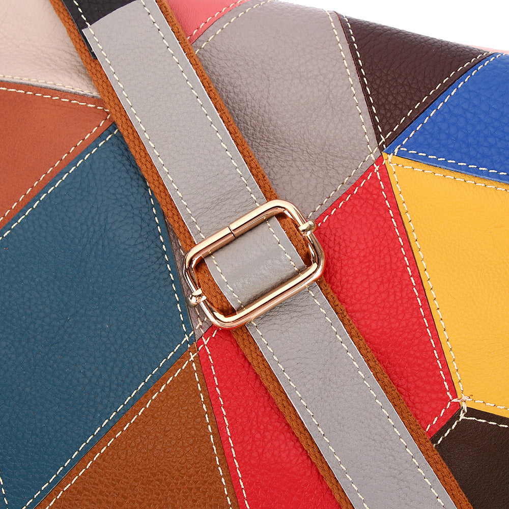 Genuine Top Layer Cowhide Colorful Plaid Color Block Handbag for Women, New Shoulder Crossbody Purse, Trendy Everyday Bag for Ladies