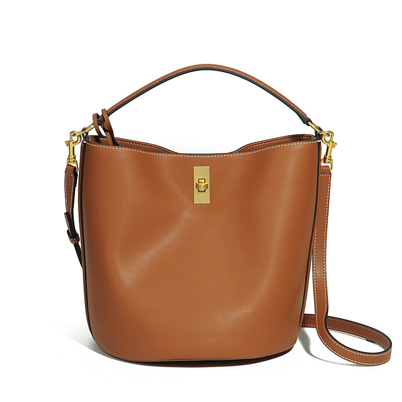 Spring Summer New Cowhide Leather Bucket Bag Large Capacity Shoulder Crossbody Handbag Casual Versatile Tote