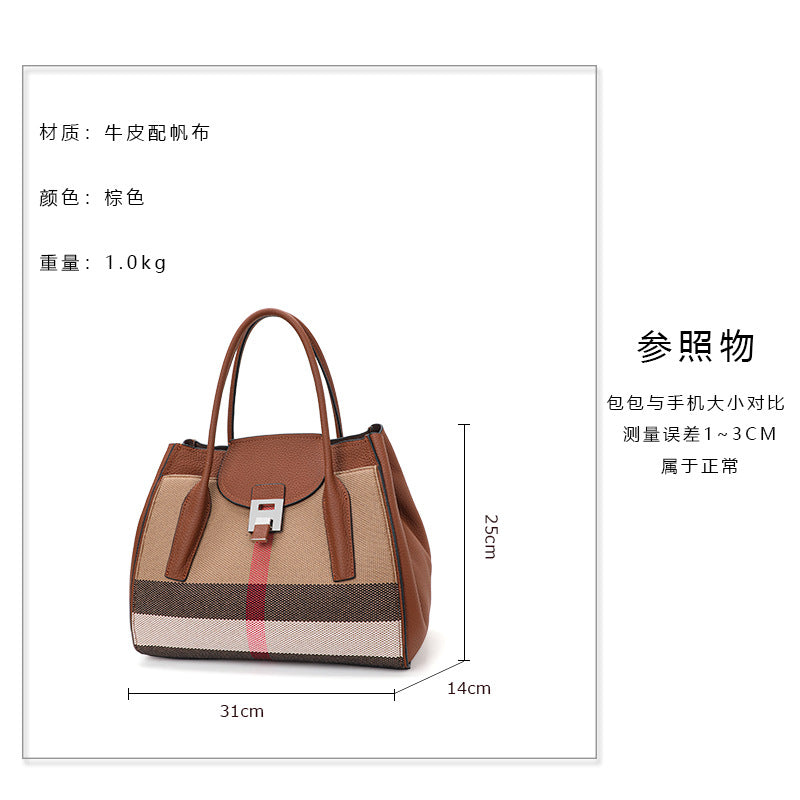 New Plaid Wing Tote Bag in Genuine Cowhide, Large Capacity Fashionable Top Handle Shoulder Handbag, Trendy Leather Purse for Women