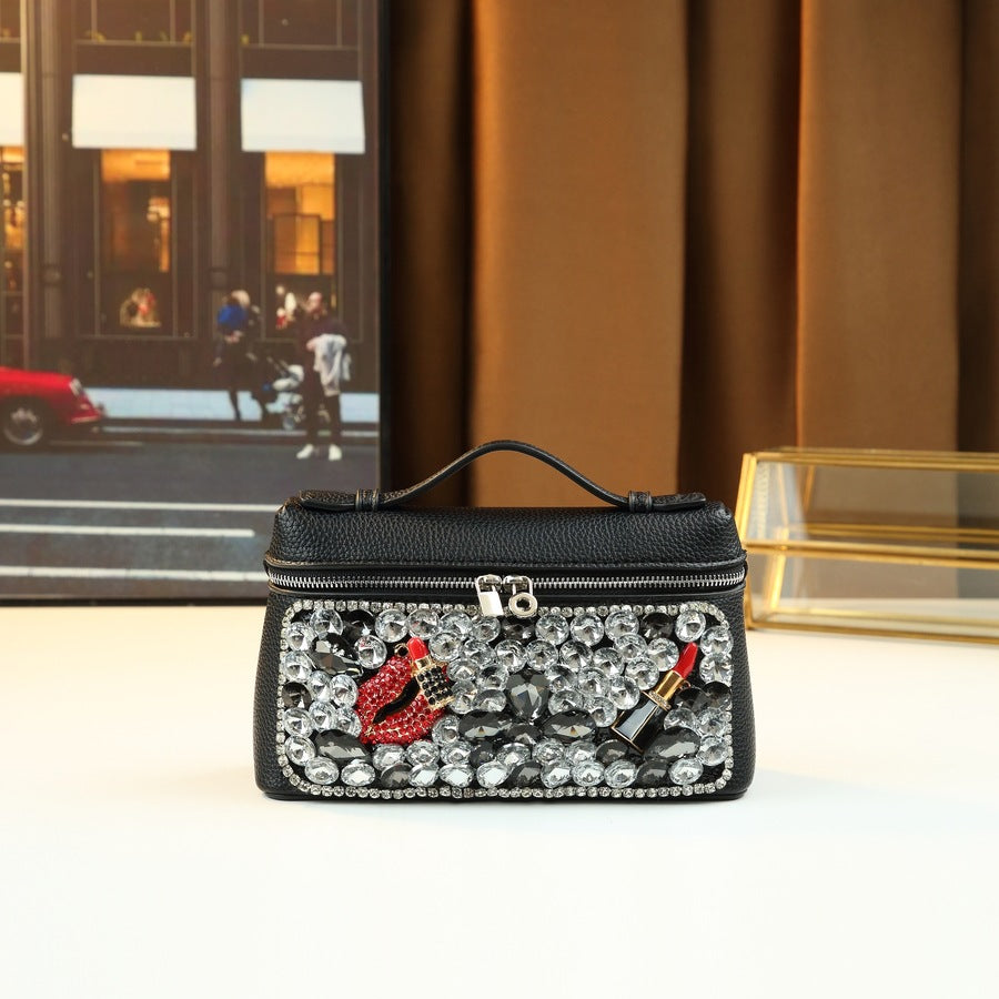 Lipstick Rhinestone Embellished Mini Box Bag for Women Party Shoulder Crossbody Handbag, Sparkly Flap Purse with Premium Glamorous Design