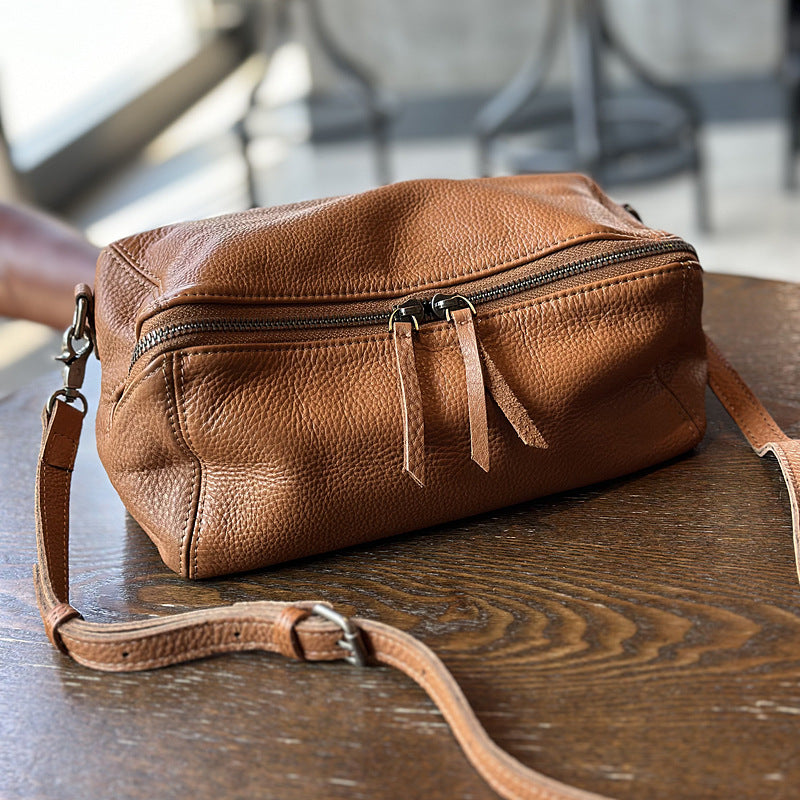 Genuine Soft Leather Vintage Crossbody Bag for Women, Spring Summer Lightweight Minimalist Shoulder Purse, Versatile Everyday Toast Style Handbag for Ladies