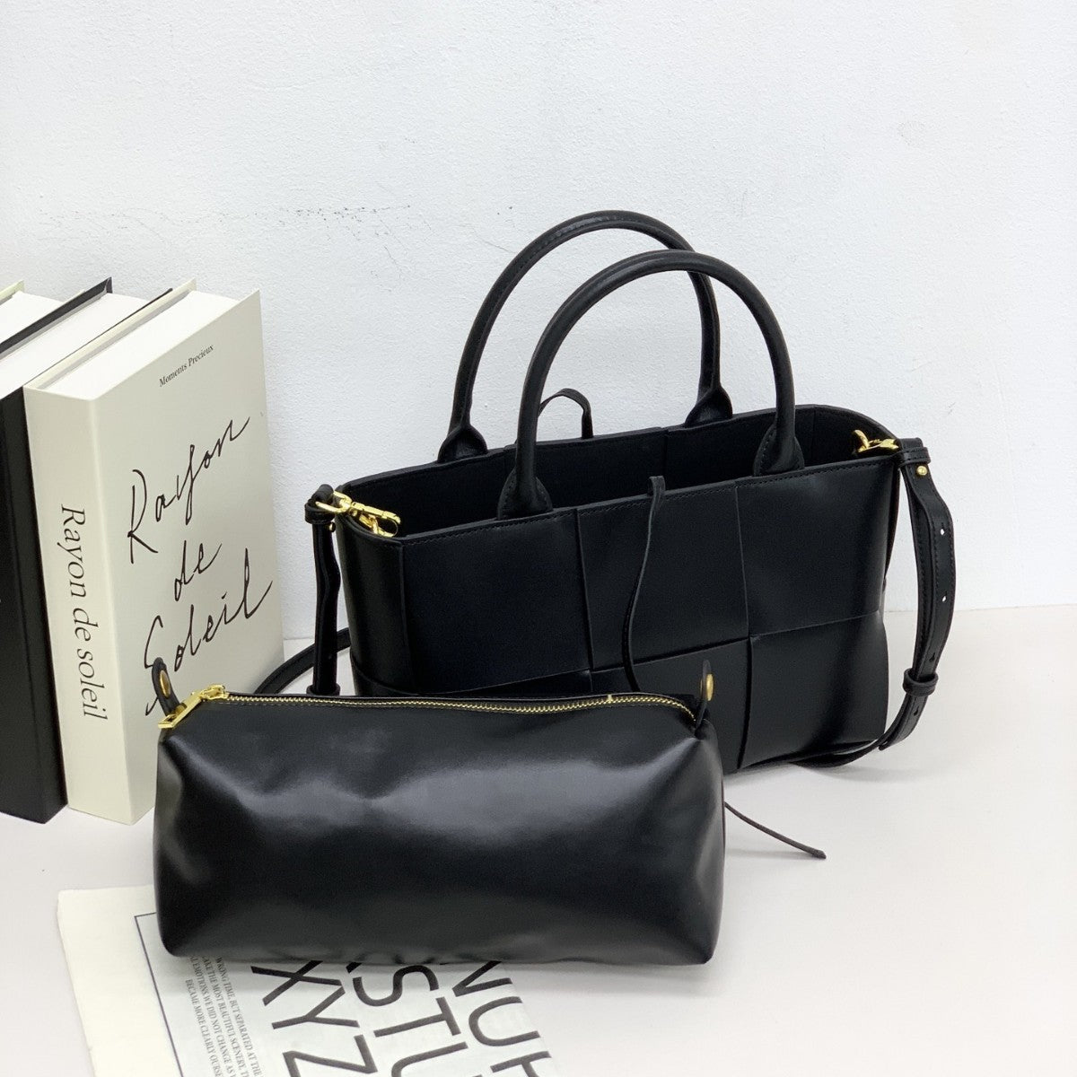 28CM Genuine Leather Woven Tote Bag for Women, Cowhide Handbag with Top Handles, Versatile Shoulder Crossbody Purse for Work Commute