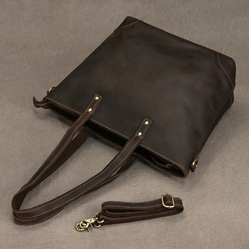 Genuine Crazy Horse Cowhide Tote Bag for Men and Women, Large Capacity Vintage Commute Shoulder Crossbody Top Handle Handbag, Versatile Unisex Purse for Ladies and Gentlemen