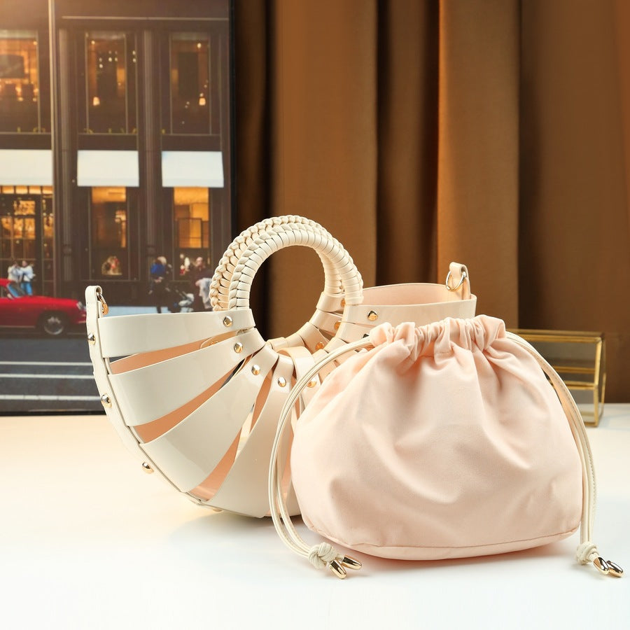 Fan-Shaped Shell Bag for Women Hollow Woven Sub-Bag Handbag, Trendy Shoulder Crossbody Purse with Unique Floral-Inspired Design