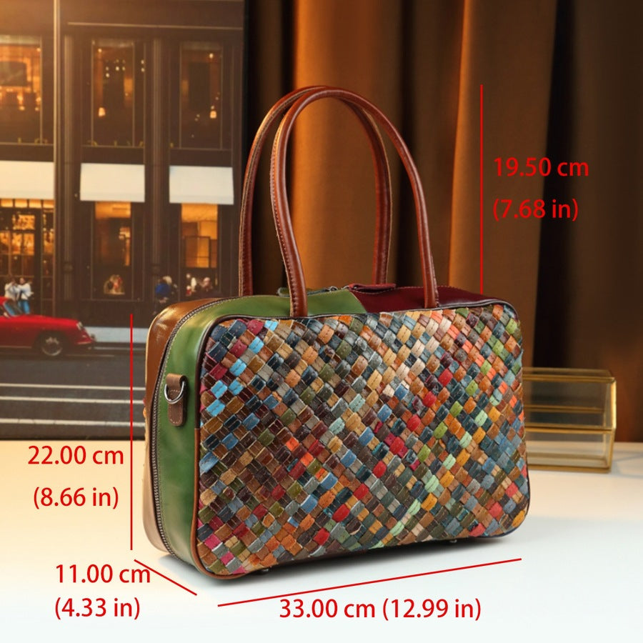 Top Layer Cowhide Patchwork Woven Tote Bag for Women Vintage Large Capacity Shoulder Handbag, Fashion Purse with Artisan Textured Design