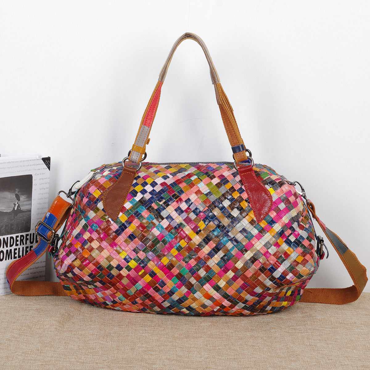 Colorful Patchwork Woven Genuine Leather Tote, Large Capacity Travel Shoulder Crossbody Bag, Designer Handbag for Women