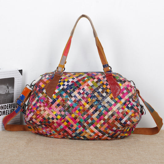 Colorful Patchwork Woven Genuine Leather Tote, Large Capacity Travel Shoulder Crossbody Bag, Designer Handbag for Women