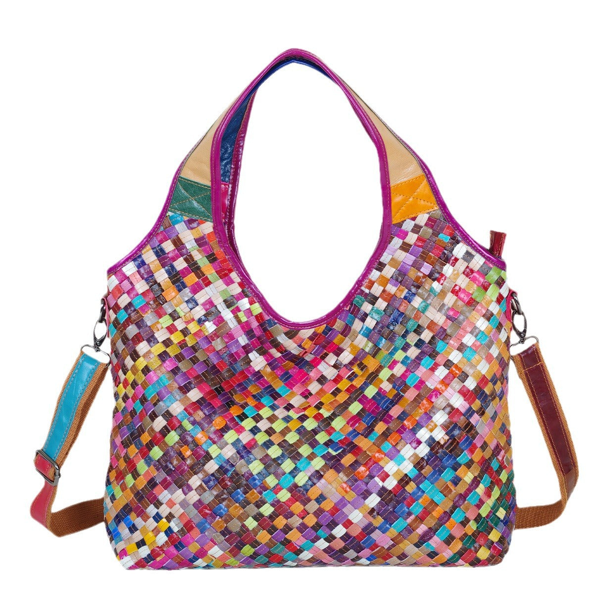 Genuine Leather Colorful Handwoven Bag for Women, Casual Travel Shoulder Crossbody Top Handle Purse, Straw Style Woven Handbag for Ladies