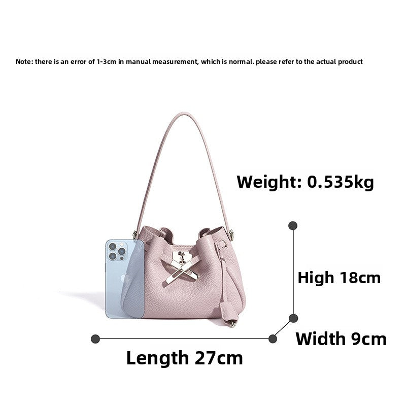 Genuine Pebbled Soft Leather Bucket Bag for Women, Relaxed Versatile Underarm Shoulder Crossbody Purse, Spring Summer Premium Niche Handbag for Ladies