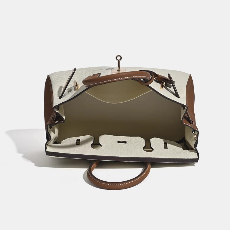 Chic Color-Blocked Birkin-Inspired Tote Bag for Women, Premium Top-Layer Cowhide Leather with Horizontal Design, Versatile Top-Handle Shoulder Crossbody Handbag for Commute & Everyday Style