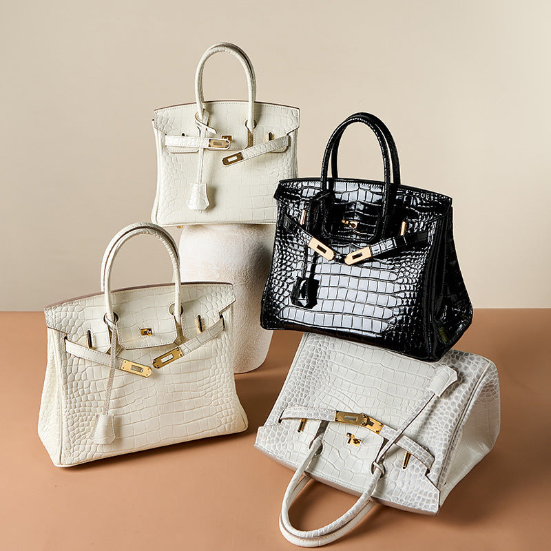 Genuine White Top Layer Cowhide Crocodile-Embossed Birkin-Style Bag for Women, Large Capacity Commute Top Handle Shoulder Purse, Premium Handbag for Ladies