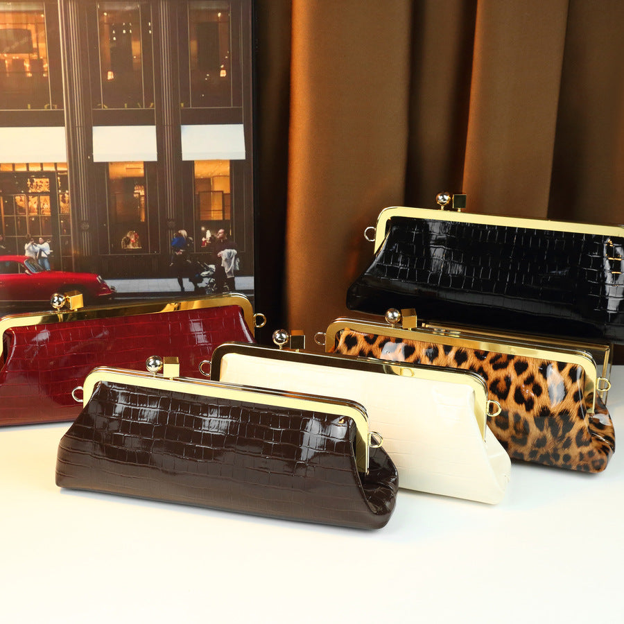 French Stone Grain Baguette Bag for Women Metal Clip Evening Shoulder Handbag, Large Capacity High-Fashion Purse with Elegant Texture
