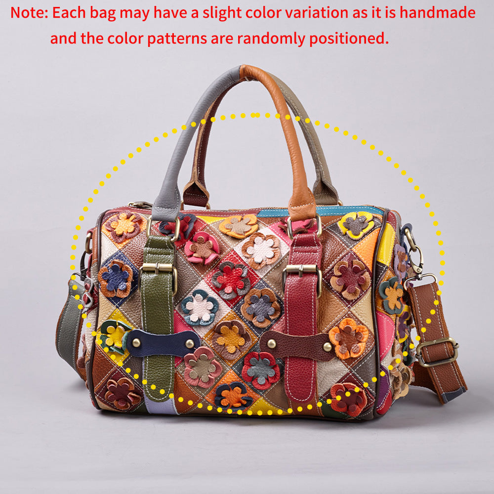 Genuine Leather Vintage Multicolor Color Block Floral Patchwork Handbag for Women, European Style Handmade Shoulder Crossbody Top Handle Purse, Designer Bag for Ladies