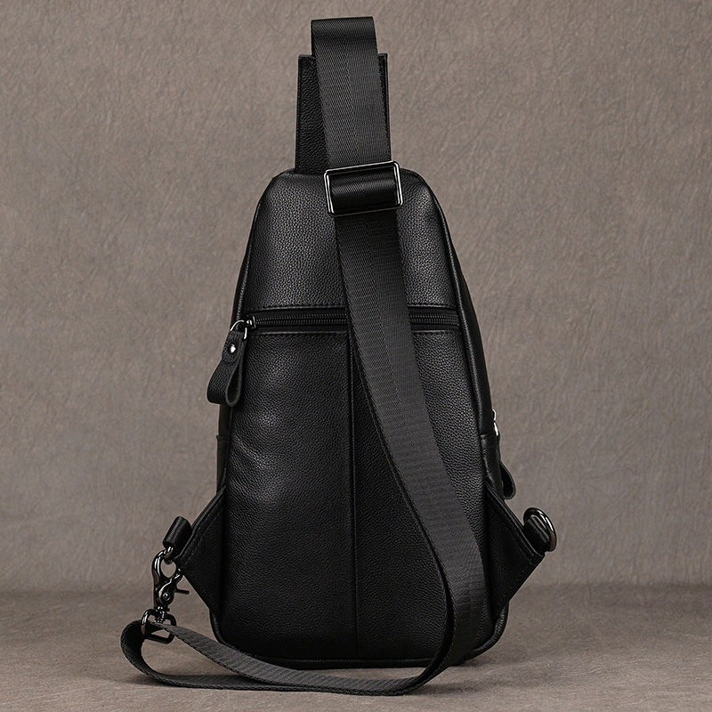 Black Genuine Leather Large Capacity Chest Bag, Casual Crossbody Shoulder Pouch Fits iPad, Premium Cowhide Travel Pack for Men