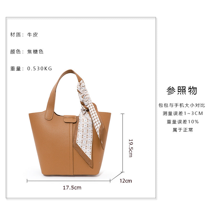 New Soft Leather Basket Bag, Versatile Solid Color Cowhide Top Handle Purse, Fashionable Handbag for Women