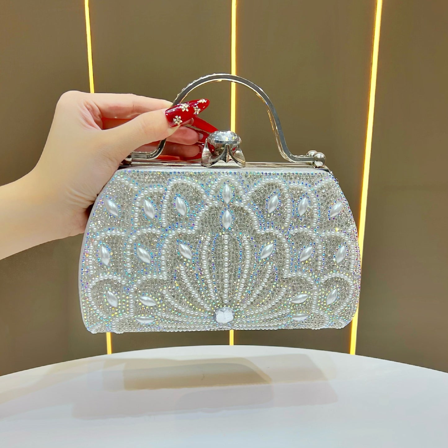 Women's Rhinestone-Embellished Evening Clutch, Light Luxury Crystal Top-Handle Crossbody Bag for Formal Dress, Sparkly Purse