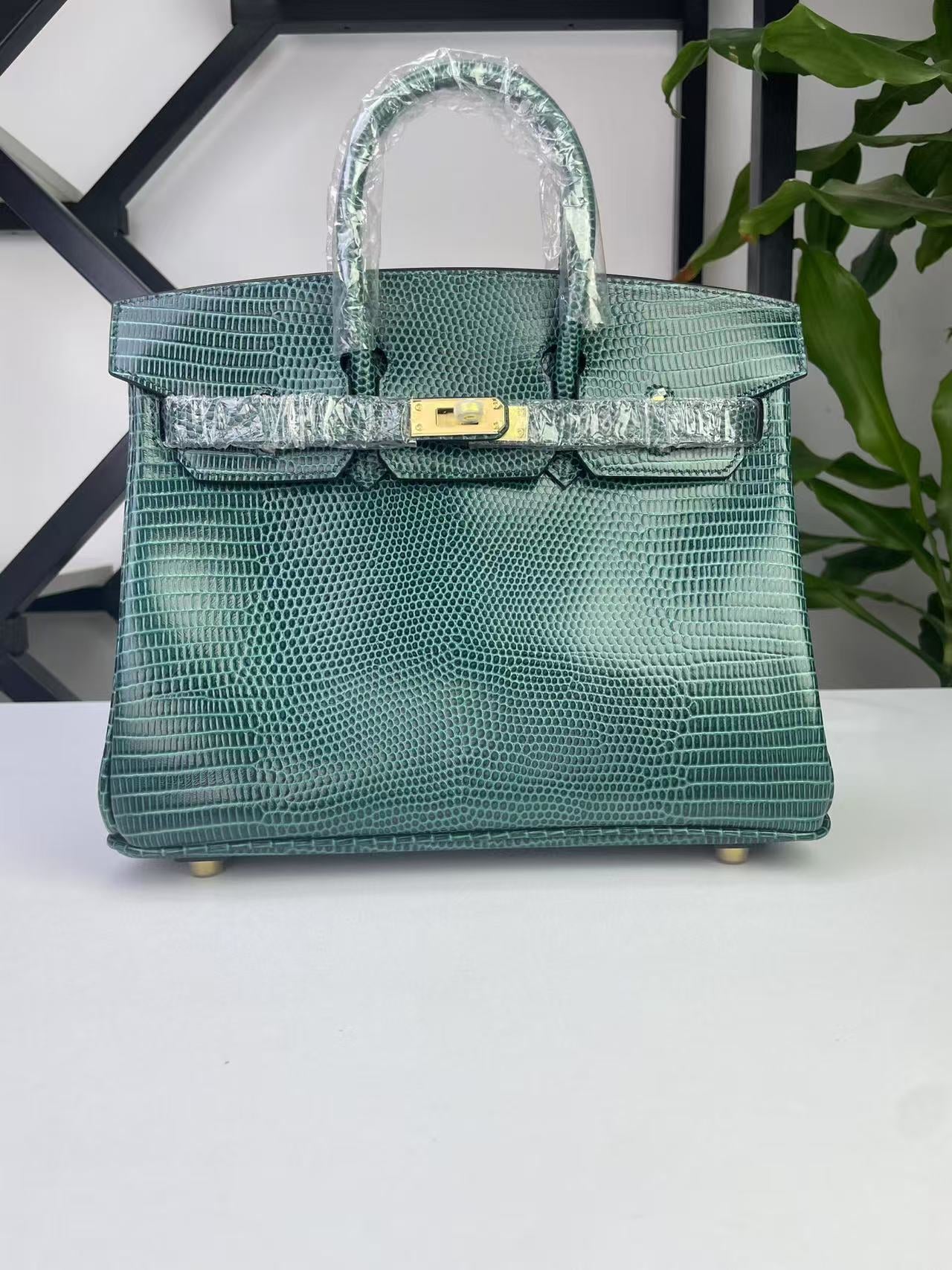 Genuine Top Layer Cowhide Lizard-Embossed Birkin-Style 25cm Bag for Women, Top Handle Crossbody Purse, Light Luxury Casual Handbag for Ladies