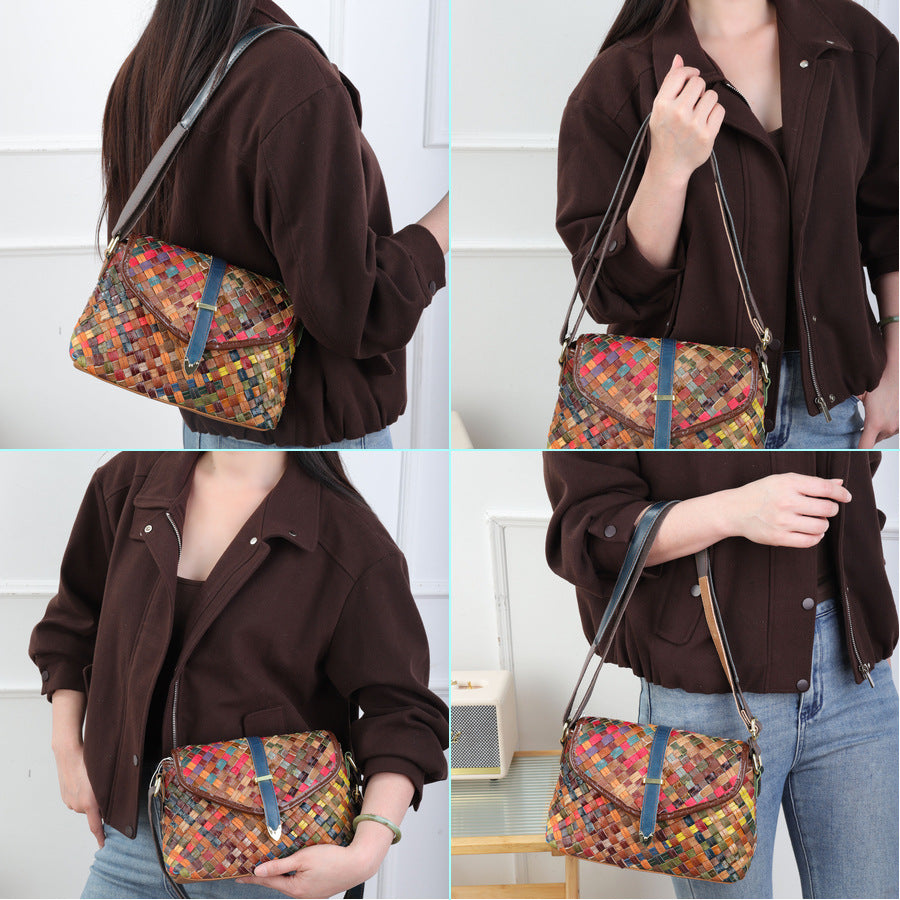 Genuine Leather Woven Mini Square Bag for Women Random Color Patchwork Shoulder Crossbody Purse, Versatile Fall Winter Handbag with Artisan Charm