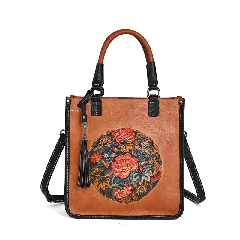 Genuine Top Layer Cowhide Chinese Classical Handbag for Women, Vintage Retro Small Square Crossbody Shoulder Top Handle Purse, Trendy Oriental Style Bag for Ladies
