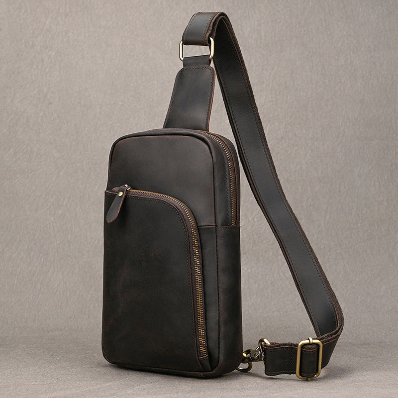 Crazy Horse Leather Minimalist Chest Bag, Casual Crossbody Shoulder Pouch, Outdoor Commute Bag for Men