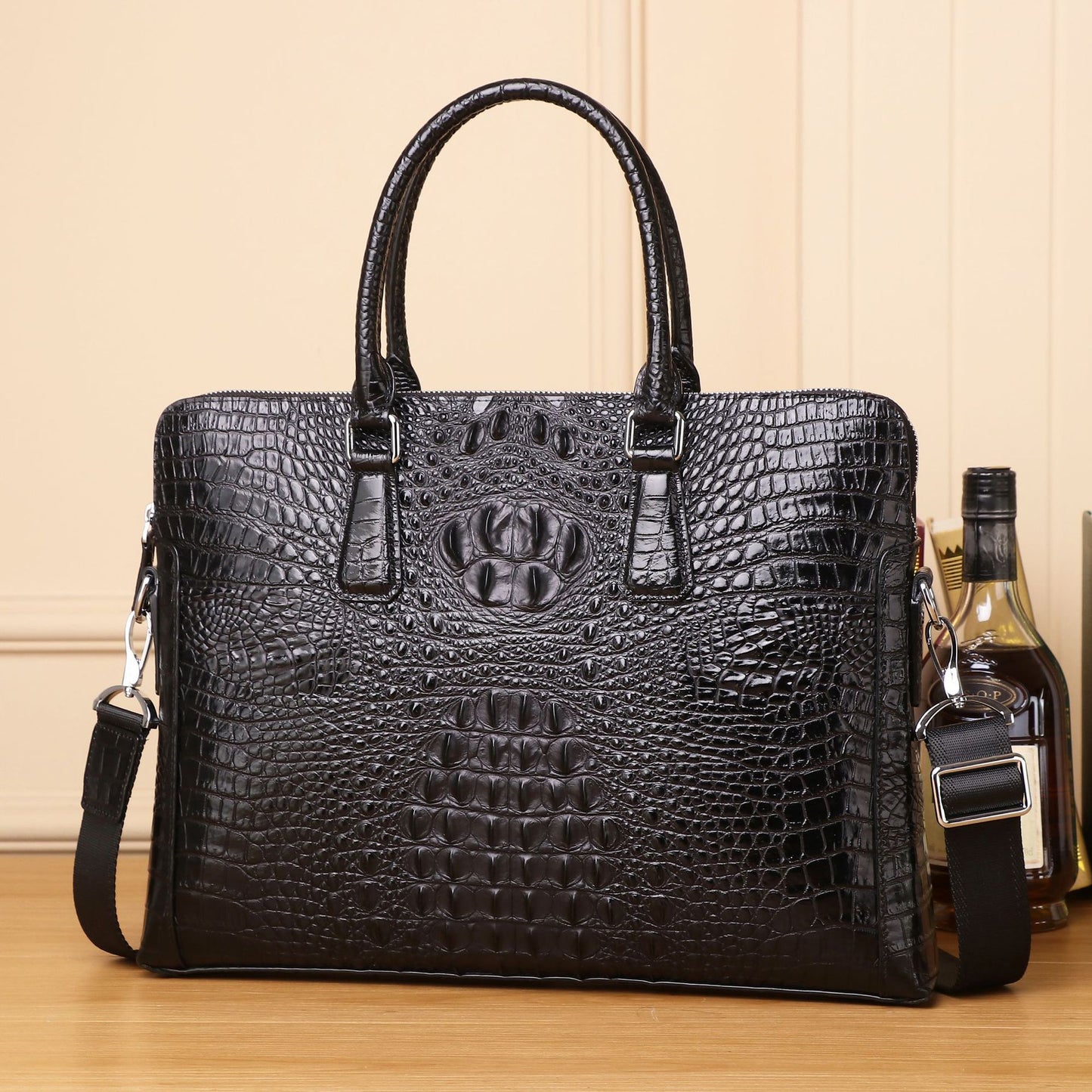 New Arrival Croc-Effect Genuine Leather Business Briefcase for Men, A Top-Handle Laptop Shoulder Crossbody Bag with Casual Professional Design
