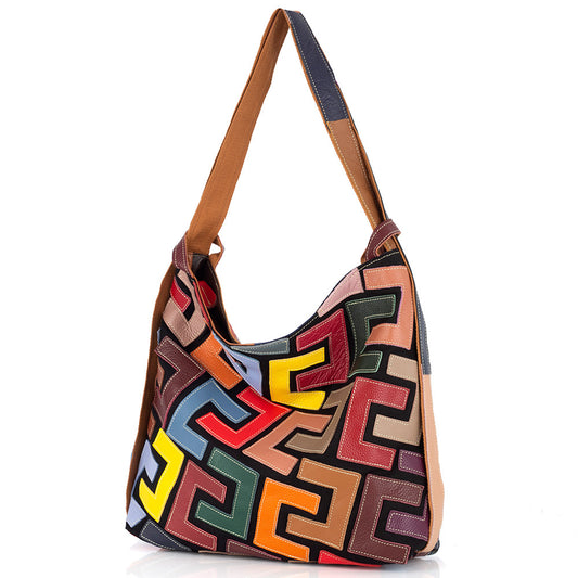 Genuine Leather Geometric Color Block Tote Bag for Women, New Factory Direct Cross-Border Trendy Shoulder Handbag, Large Capacity Everyday Purse for Ladies