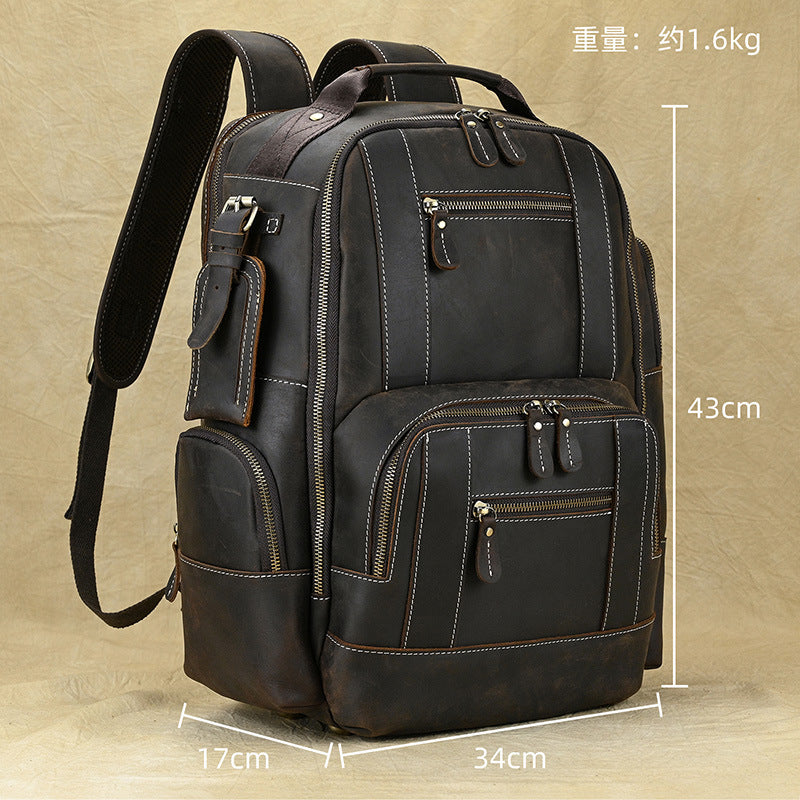 Multifunctional Crazy Horse Leather Large Capacity Backpack, Outdoor Travel School Daypack, Fits 15-Inch Laptop for Men