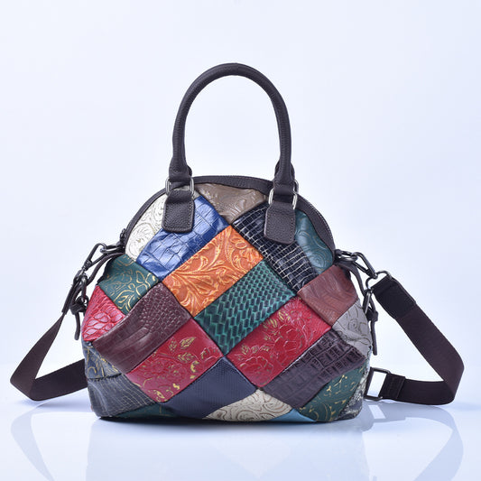 Vintage Color Block Bag in Genuine Soft Cowhide, Shoulder Crossbody Top Handle Purse, Stylish Handbag for Women