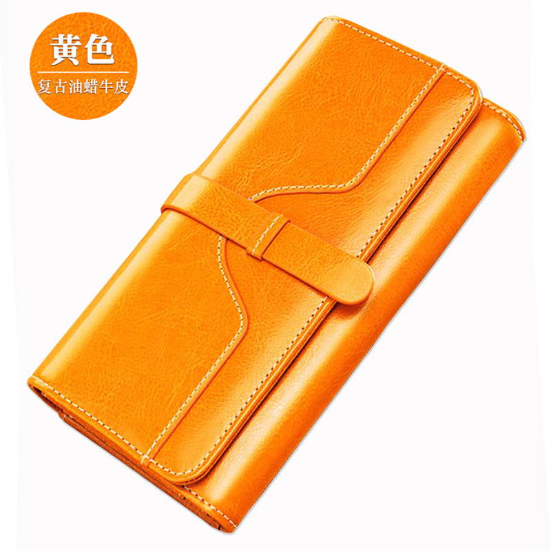 Genuine Cowhide Long Tri-Fold Wallet for Women, Snap Button Multi-Card Large Capacity Clutch Purse, Premium Leather Money Holder for Ladies