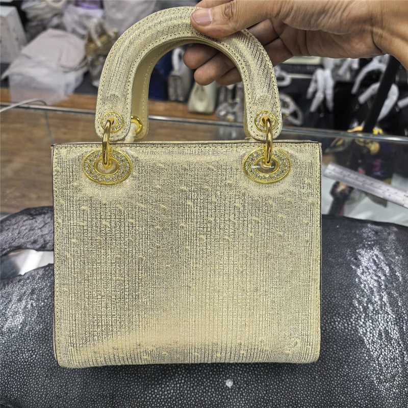 Genuine Gold Ostrich Leather Tote Bag for Women Large Capacity Shoulder Crossbody Handbag, Diamond Buckle Purse with Luxurious Texture