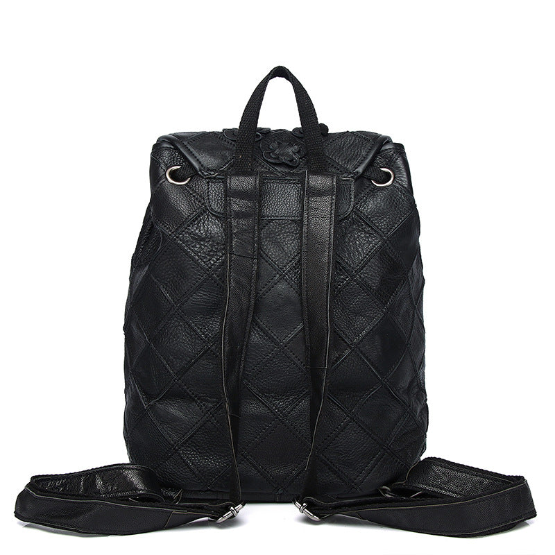 Genuine Cowhide Handmade Woven Backpack for Women, Floral Patchwork Boho Casual Travel Daypack, Bohemian Style Leather Bag for Ladies