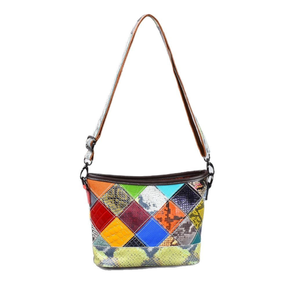 Snakeskin Colorful Patchwork Bag in Genuine Leather, Plaid Crossbody Shoulder Small Purse, Stylish Handbag for Women