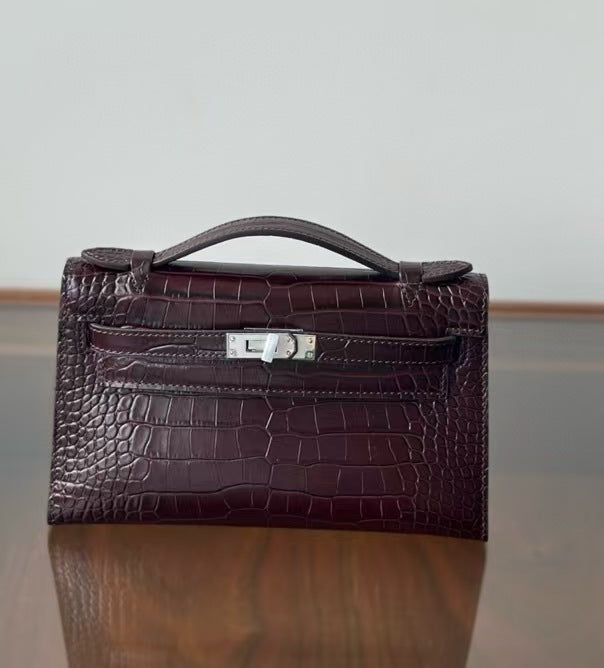 Genuine Leather Crocodile-Embossed Kelly-Style 22cm Bag for Women, 2025 New Small Square Shoulder Crossbody Top Handle Purse, Light Luxury Everyday Handbag for Ladies