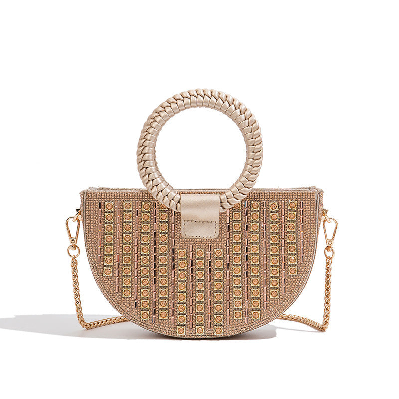 New Semi-Circle Rhinestone Top-Handle Bag for Women, Sparkly Crystal Shoulder Purse, Light Luxury Evening Handbag for Parties & Banquets