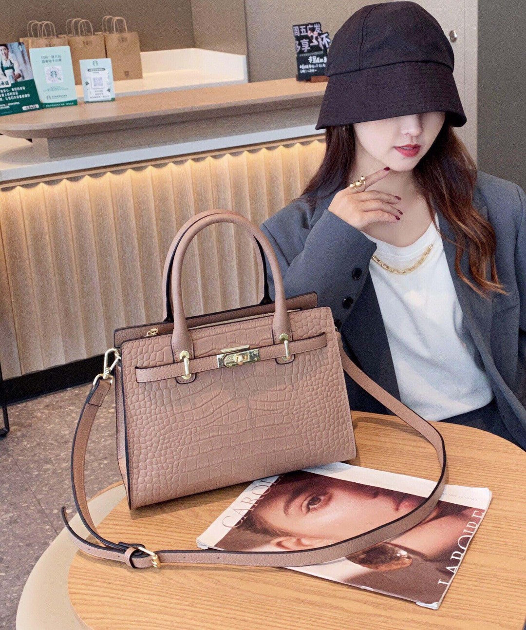 New Arrival Fall/Winter Kelly-Inspired Genuine Leather Tote Bag for Women, A Large Capacity Shoulder Crossbody Handbag with Croc-Effect & Versatile Design