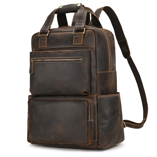 16-Inch Vintage Crazy Horse Leather Backpack, Large Capacity Outdoor Travel Daypack, Durable Genuine Leather Bag for Men