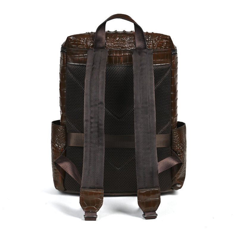 Men's Vintage Crocodile Embossed Waxed Leather Backpack Genuine Top Layer Cowhide Casual Minimalist Travel Laptop Bag