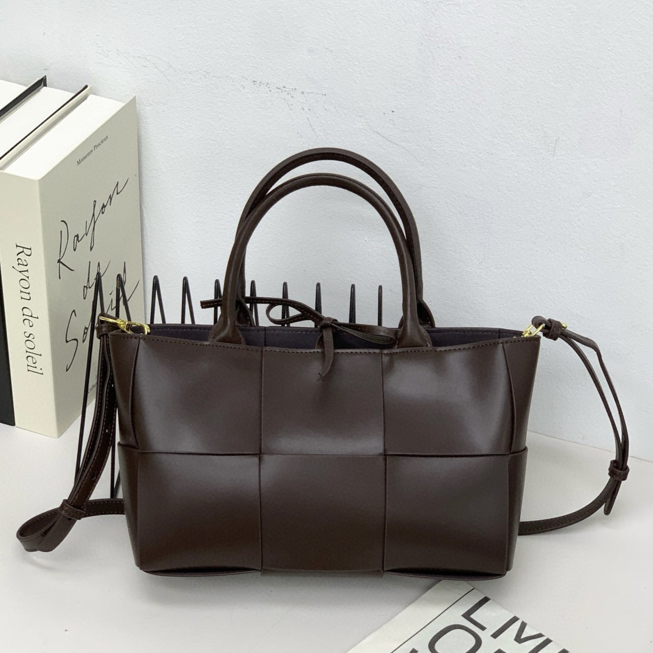 28CM Genuine Leather Woven Tote Bag for Women, Cowhide Handbag with Top Handles, Versatile Shoulder Crossbody Purse for Work Commute