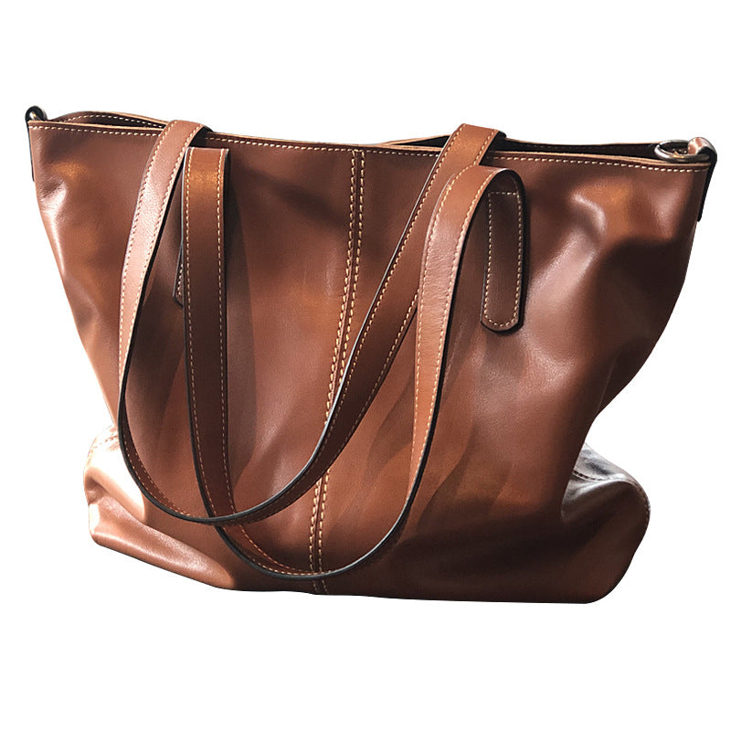 Genuine Top Layer Cowhide Tote Bag for Women, Fall Winter Large Capacity Shoulder Crossbody Purse, Urban Minimalist Everyday Handbag for Ladies