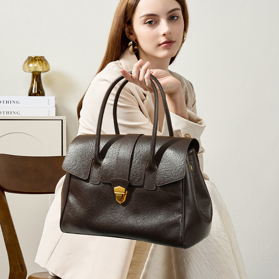 Genuine Top Layer Vegetable-Tanned Cowhide Briefcase for Men and Women, New Fall Winter Vintage Large Capacity Crossbody Top Handle Bag, Premium Commute Handbag for Ladies and Gentlemen