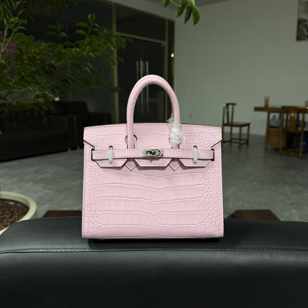 Genuine Top Layer Cowhide Crocodile-Embossed Birkin-Style 25 Bag for Women, External Stitching Hand-Stitched Waxed Thread with Steel Hardware, Lambskin Lining Handbag for Ladies