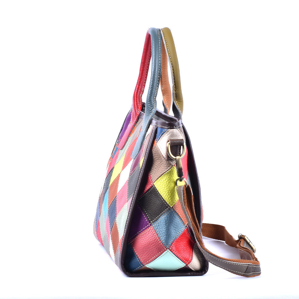 Genuine Cowhide Plaid Color Block Patchwork Handbag for Women, Handmade Top Handle Shoulder Crossbody Purse, Designer Leather Bag for Ladies