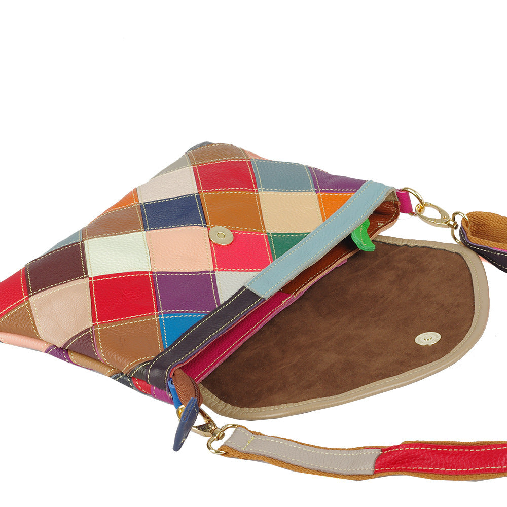 Genuine Leather Colorful Patchwork Envelope Bag for Women, Handmade Crossbody Shoulder Small Purse, Unique Designer Handbag for Ladies