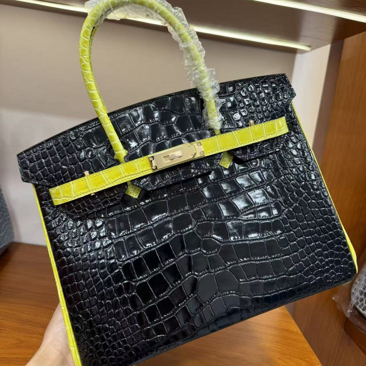 Genuine Top Layer Cowhide Crocodile-Embossed Birkin 30 Bag for Women, Hermès-Style Internal Stitching Color Block Top Handle Purse, Premium Leather Handbag for Ladies