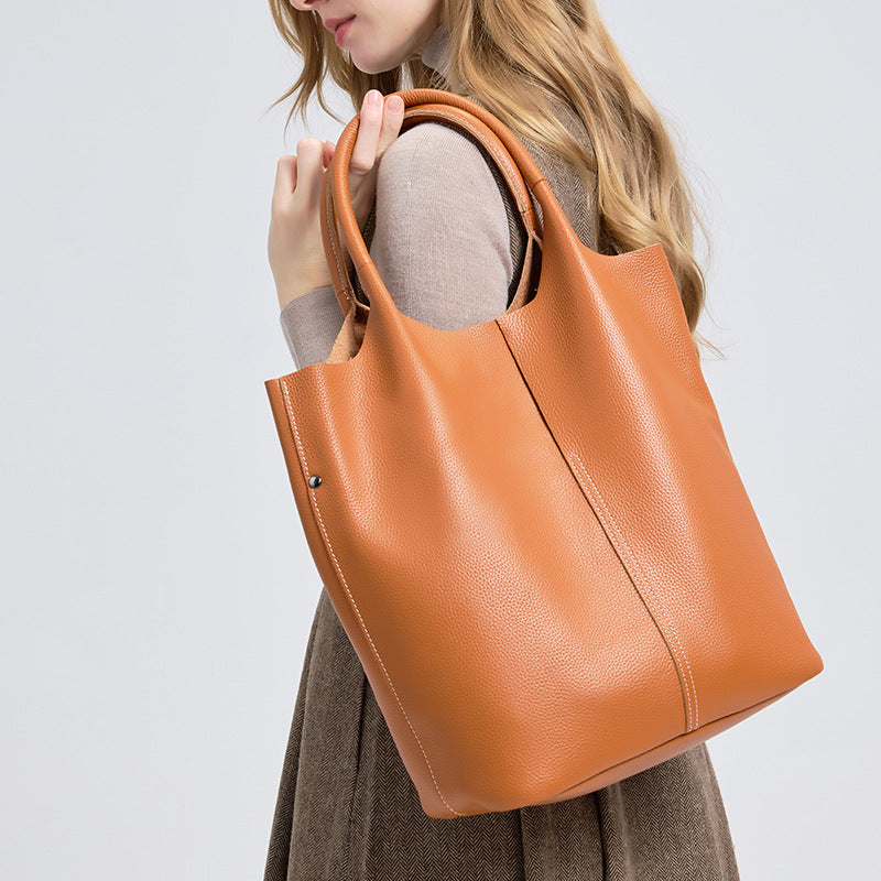 Top Layer Cowhide Tote Bag for Women Large Capacity Shoulder Handbag, Minimalist Pebble Grain Purse with Versatile Everyday Style