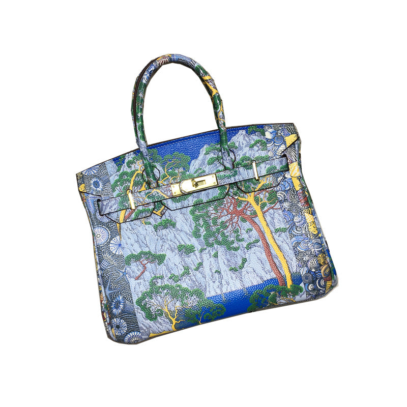 Genuine Leather Graffiti Print Birkin-Style Handbag for Women, New Casual Top Handle Shoulder Crossbody Purse, European Classic Trendy Tote Bag for Ladies