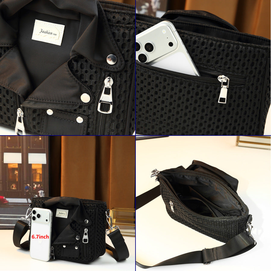 Vintage Biker Mesh Crossbody Bag for Women Niche Street Style Shoulder Handbag, Breathable Cool Purse with Edgy Design