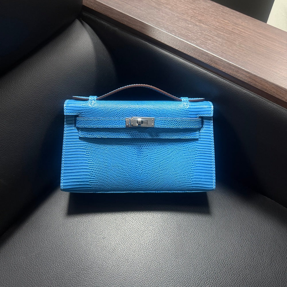Genuine Top Layer Cowhide Lizard-Embossed Kelly-Style 22cm Bag for Women, Hand-Stitched Waxed Thread with Hand-Hammered Hardware, Lambskin Lining Square Purse with Full Steel Hardware for Ladies