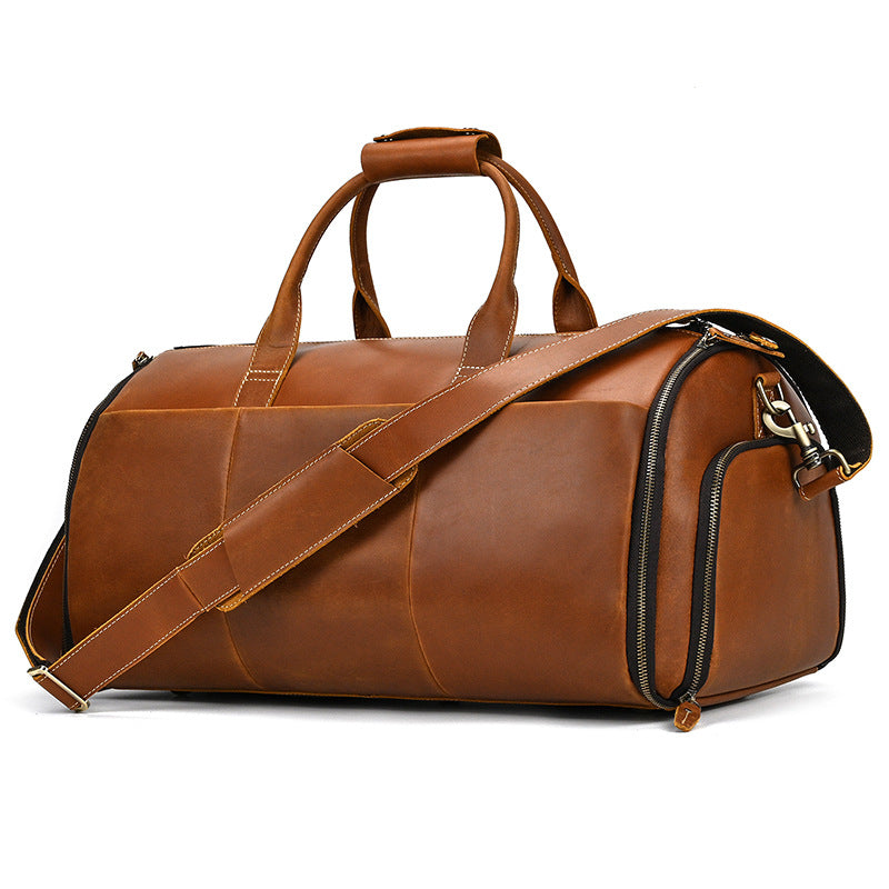 20-Inch Crazy Horse Leather Suit Garment Duffle Bag, Large Capacity Travel Weekender, Shoulder Crossbody Luggage for Men