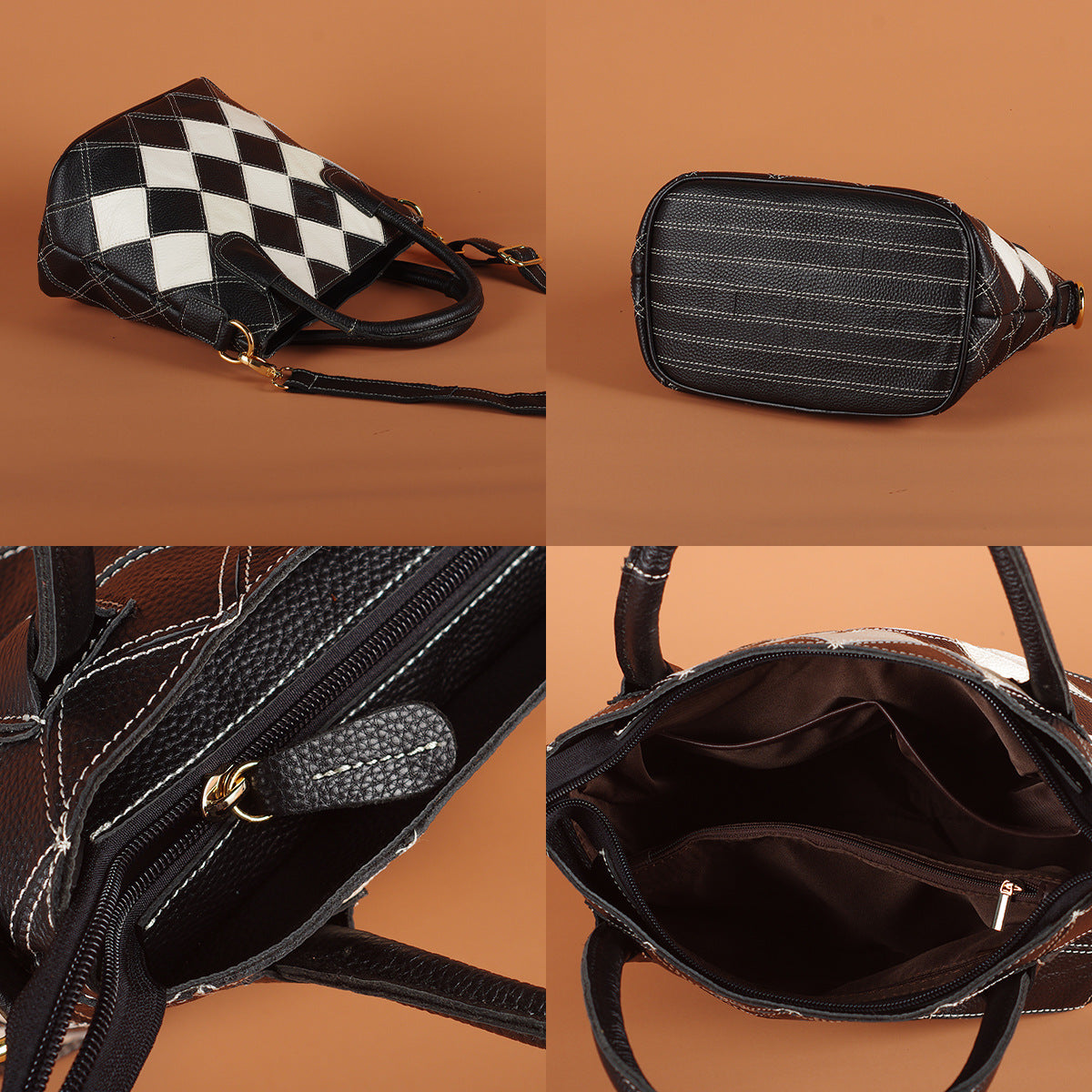Genuine Leather Black and White Plaid Patchwork Handbag for Women, Ethnic Casual Shoulder Crossbody Top Handle Purse, Color Block Designer Bag for Ladies